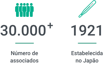 30,000 + Número de associados com o ícone de cinco pessoas e 1921 Establecida no Japão com ícone do termômetro