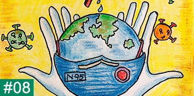 #08 Main Visual / Illustration of a hand wrapping the earth in a mask by an associate family in India